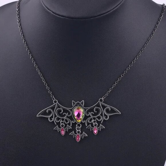 Gothic Bat Pendant Necklace, Mother with Baby Bats, Halloween Vampire, Crystals - Picture 3 of 10